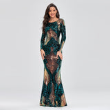 O-neck Long-Sleeve Shinning Sequins Evening Dress Sexy Backless Mermaid Gowns Maxi Dress