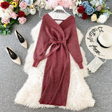 Women Autumn Winter Sweater Dress Batwing Long Sleeve Cross V Neck Sexy Elegant Knitted Bodycon Midi Dress With Belt