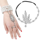 1920s Flapper Pearl Headband Bracelet Ring Inspired Leaf Simulated Jewelry Set