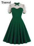 Vintage Style High Waist Solid Elegant Party Swing Dresses for Women Summer Mesh Sleeve Knee Length Black Dress