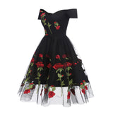 1950s Party New Year Embroidery Rose Floral V Neck Sleeve Black Women Dress