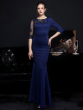 See through Tulle Long Sleeve Dress Champagne Appliques Beads Evening Dress