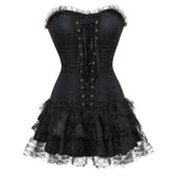 Women Vintage Floral Overbust Corset Dress Sexy Brocade Lace Up Corset Bustier Lingerie Top With Mini Pleated Skirt Set