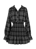 Retro Vintage Shirt Dress Long Sleeve Plaid Printed Streetwear Gothic Turn-down Collar Button Casual Mini Punk Dresses For Party