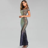 Backless Long Sequin Cocktail Dress Elegant Gold Evening Party Dress Sexy Mermaid Short Sleeve Prom Dress Beauty Robe De Soiree