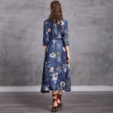 Spring Tencel Denim Floral Print Long Women High Waist Single-breasted A-Line Dress Belt