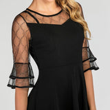 Sheer Embroidery Mesh Layered Ruffle Cuff Party Autumn Elegant Women Black A Line Flounce Sleeve Ladies Dress