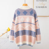 Autumn Women Long Sleeve Geometric Patterns Sweater Coat Casual Loose Knitted Cardigan