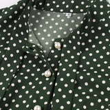 Bow Tie Neck Button Front Polka Dot Pinup 50s Vintage Shirt A-Line Summer Female Elegant Green Dress