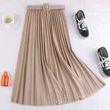 Korean Fashion Pleated Long A-Line Women Elegant Elastic High Waist Autumn Skirt With Belt