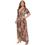 Plus Size Women Slit V Neck Asymmetrical Short Sleeve Long Maxi Bohemian Dress