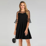 Sheer Embroidery Mesh Layered Ruffle Cuff Party Autumn Elegant Women Black A Line Flounce Sleeve Ladies Dress