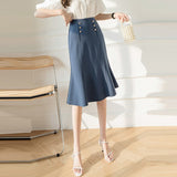 Office Lady Elegant Mermaid Skirts Fashion Korean Style Double Breasted Women A-line Long Skirt