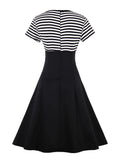 A-Line Striped Vintage Buttons Short Sleeve Summer Dress High Waist Women Clothing Patchwork Dresses