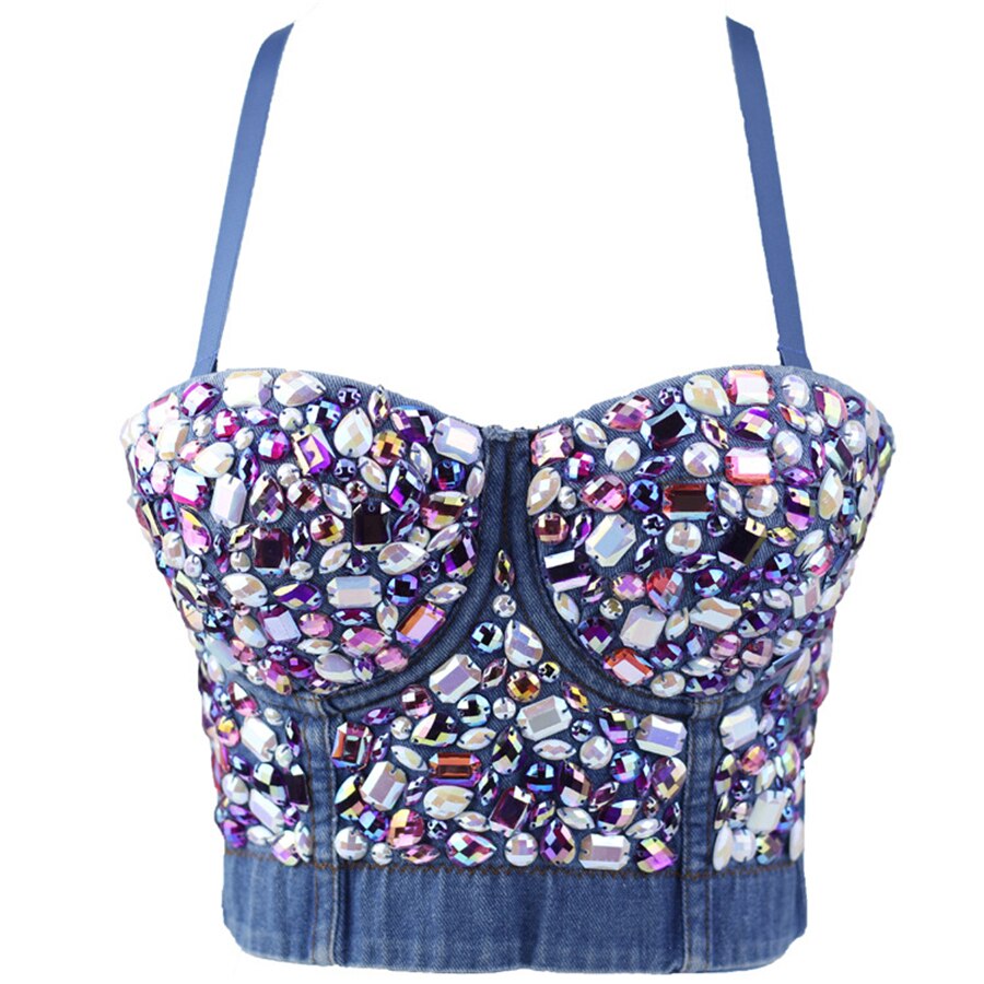 Winter Short Crop Tank Woman Top With Cups Off Shoulder Strap Corset Top Sexy Acrylic Denim Nightclub Clothing