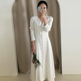 Elegant  Women White Party Split Fairy  Office Lady Long Sleeve Designer Korean Style Autumn