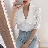 New Woman Blouse Chic Casual Loose Short Sleeve Chiffon Blouse Single-breasted Shirts Streetwear