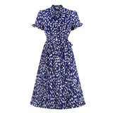 Tie Neck Vintage Print Button Up Elegant Women Pleated Midi Dress Ruffle Short Sleeve High Waist Belted Casual Dresses