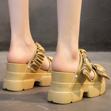 Pleated Chunky Platform Sandals Buckle Wedges Slippers Woman 9cm High Heel Summer Sandalias