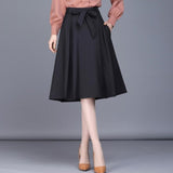 Women Elegant High Waist Ladies Office Black Long Midi A-Line Skirt