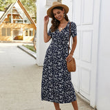 Ladies Vintage Long Floral Print Summer Beach V Neck Short Sleeve Casual Slim Sundress