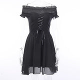 2021 Elegant Party Off Shoulder Mini Dress Women Black Mesh Chiffon Bandage Slim Clothing Gothic Streetwear Fashion Sexy Dress