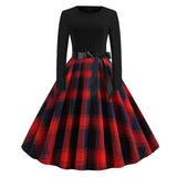 2021 Red Plaid Elegant Long Sleeve Casual Retro 50s Robe Autumn Winter Dresses Women O Neck High Waist Vintage Swing Dress