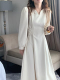 Office Lady Belted Vintage Elegant Dress V Neck Long Sleeve A Line Chic Casual Midi Dress
