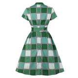 Button Front High Waist Plaid Vintage Robe Ruched Green Elegant Party V Neck Pocket Side Dress Plus Size