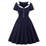 Navy Blue Contrast Collar Button Rockabilly Robe Swing High Waist Elegant Dress