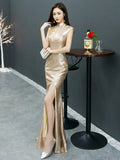 Mandarin Collar Formal Evening Elegant Women Party Dress Cap Sleeve Side Split Champagne Sequins Vestidos