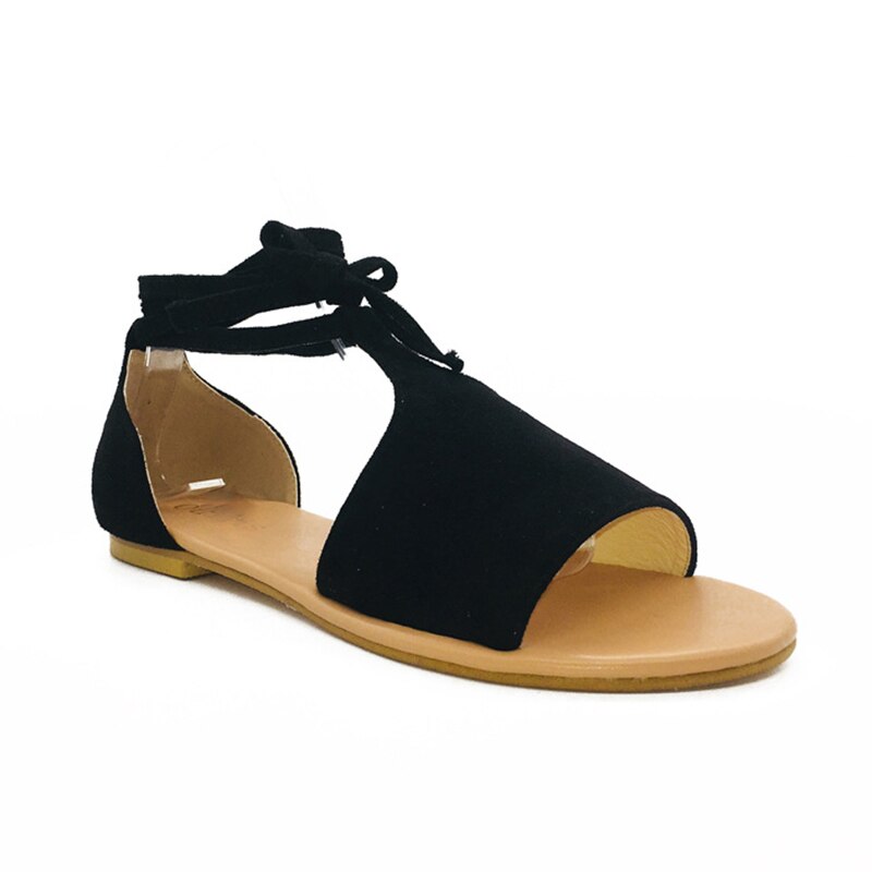 Fashion PU Gladiator Women Flats Heel Shoes Lace-up Black Sweet Open-toe Ladies Sandals