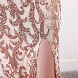 V-neck Backless Evening Dresses Embroidered Tulle Formal Dress Sexy High Split Women Formal Gown Gold Long Robe Sleeveless Dress