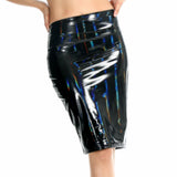 Black Holographic Shiny Laser High Wais Latex Leather Skirts Wet Look Metallic Pencil Skirts