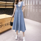 Denim Women Strap Long High Waisted Vintage Loose Pleated Blue Club Streetwear Cotton Harajuku Jean Skirt