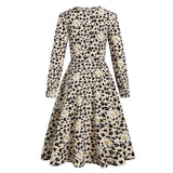 Daisy and Leopard Print Elegant High Waist Vintage Autumn Women O-Neck Long Sleeve A-Line Midi Dresses