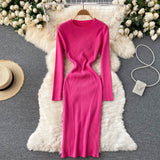 Autumn Winter Elegant Crew Neck Long Sleeve Ribbed Knitted Dress Solid Sexy Bodycon Midi Dress