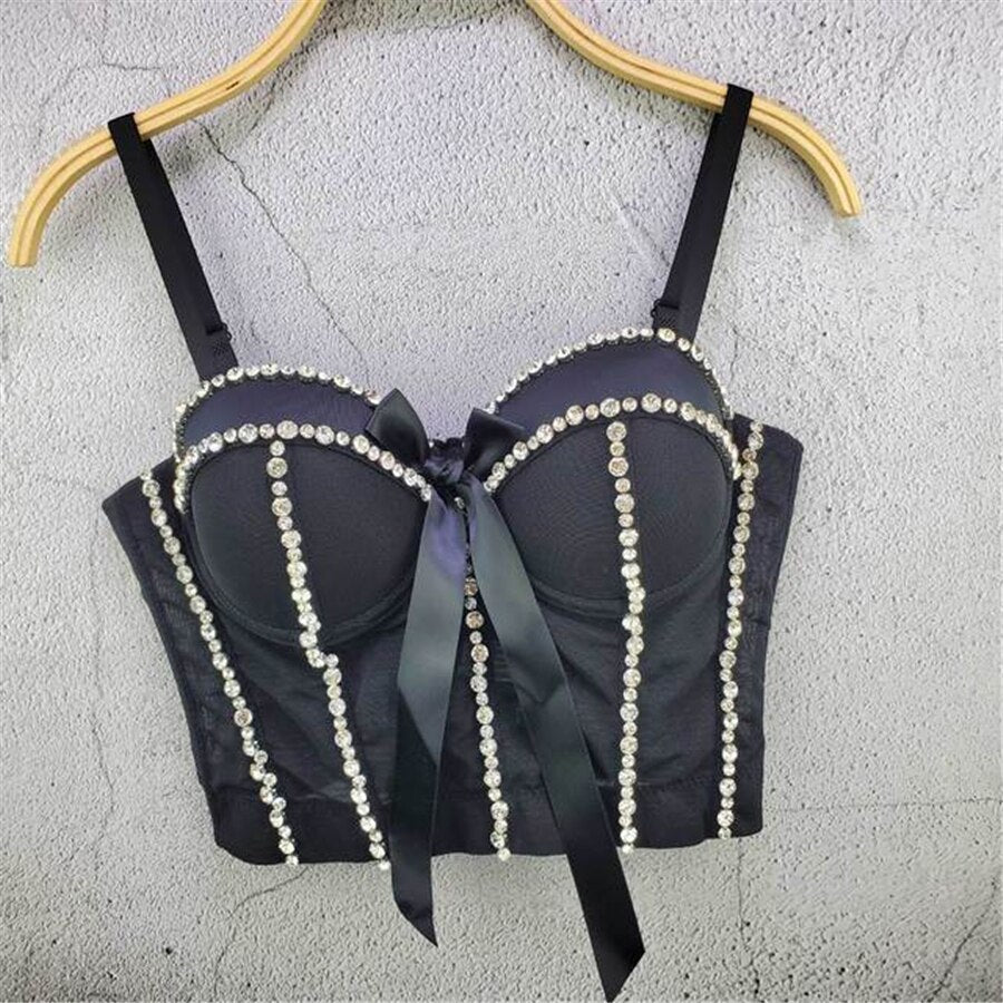 Corset Autumn Sexy Bow Rhinestone Top Built in Bra Cropped Top Night Club Party Off Shoulder Crop Top Push Up Bustier Cups