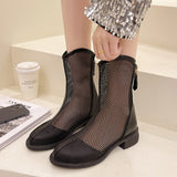 Sexy Black Mesh Hollow Out Cool Boots Women PU Leather Zipper Summer Round Toe Square Heels Ladies Shoes