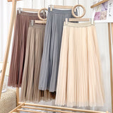 Women Long Tulle Pleated Skirt Spring Summer Elastic High Waist Elegant Mesh Midi Skirt