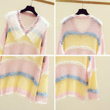 Women Long Sleeve V-Neck Knitted Rainbow Color Thin Mesh Patchwork Sweater Streetwear