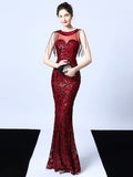 Tulle Sequins Embroidered Evening Dress O-neck Mermaid Prom Gown Floor-length Party Elegant Formal Dress