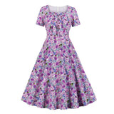 2021 Square Neck Bow Front Floral Vintage Summer Tunic Dress Short Sleeve High Waist Robe Elegant Women A Line Swing Dresses