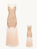 1920s Great Gatsby Sequins Beading Evening Mermaid Formal Sleeveless Round Collar Prom Long Dress