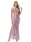 V Neck V Back Sleeveless Sequins Evening Dress Mermaid Party Dress for Women Formal Occasion Floor Length Gown