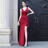 Candy Color Women Wedding Party Dress Soft Satin V Neck Slit Bridesmaid Dress