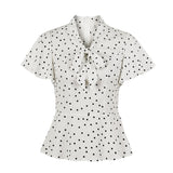 Bohemian Bow Tie Neck White Tops Women Polka Dot Vintage Blouse Ruffle Short Sleeve 2021 Summer Elegant Ladies Blouses 50s Style