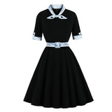 Contrast Bow Neck Black Vintage Robe A Line Winter Elegant Clothing Half Sleeve Swing Dress with Belt