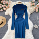 Autumn Winter Elegant Sexy Ribbed Knitted Bodycon Dress Warm High Neck Long Sleeve Zipper Mini Dress