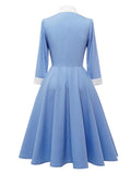 Bow Neck Button Front Blue Robes A-Line Vintage Midi Swing Dresses for Women 3/4 Length Sleeve Spring Elegant Dress